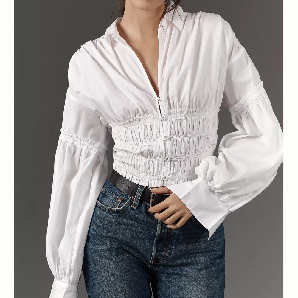By Anthropologie Balloon-Sleeve Collared Shirred Blouse
